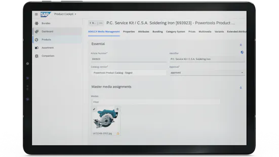 Über einen separaten Media Management Tab im Product Cockpit können Webshop-Administratoren Medien Produkten zuweisen und diese bearbeiten.