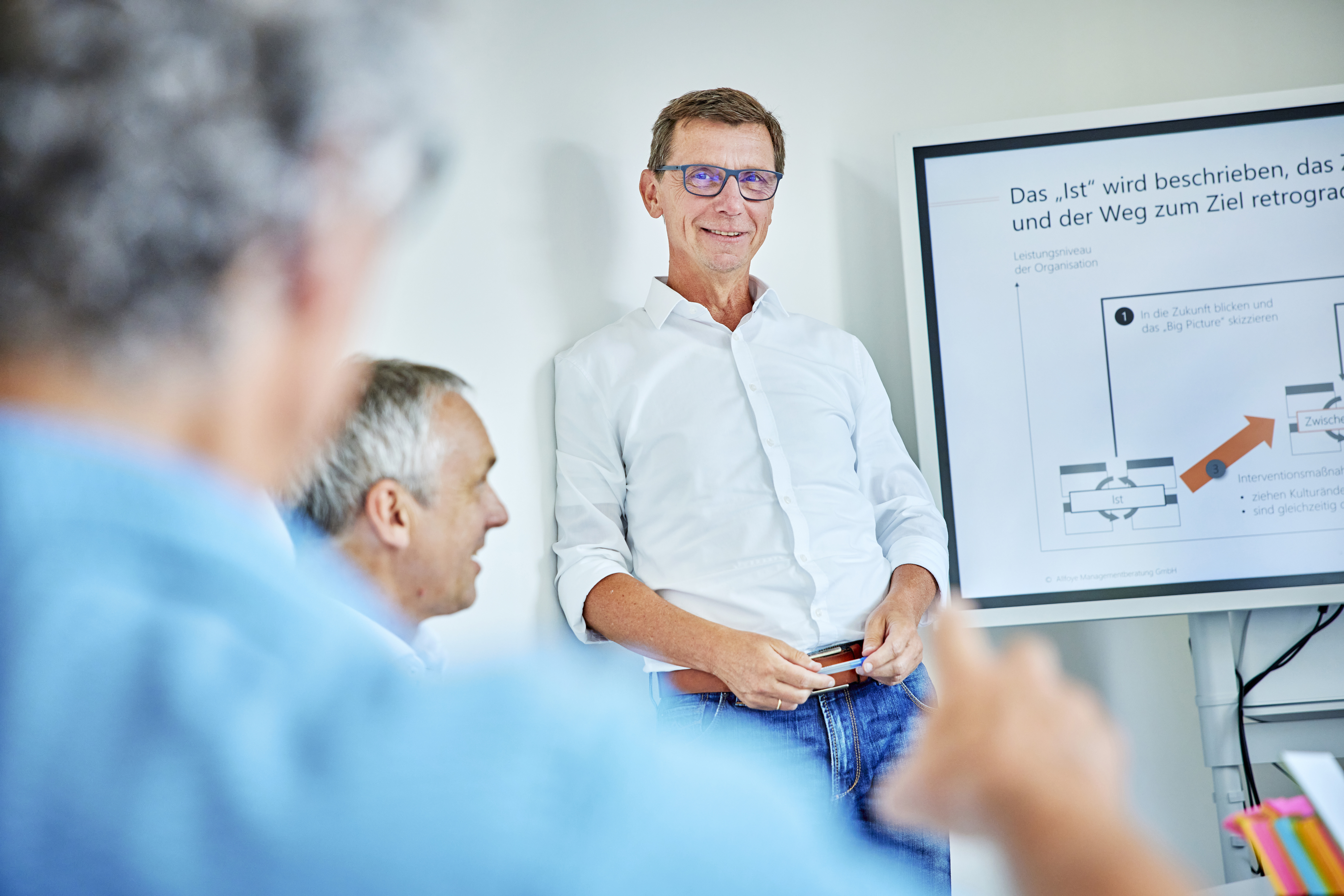 Ein Mitarbeiter lehnt entspannt gegen eine Wand und hält eine Präsentation. Er spricht mit Selbstbewusstsein und erklärt etwas, während die anderen ihm aufmerksam zuhören.