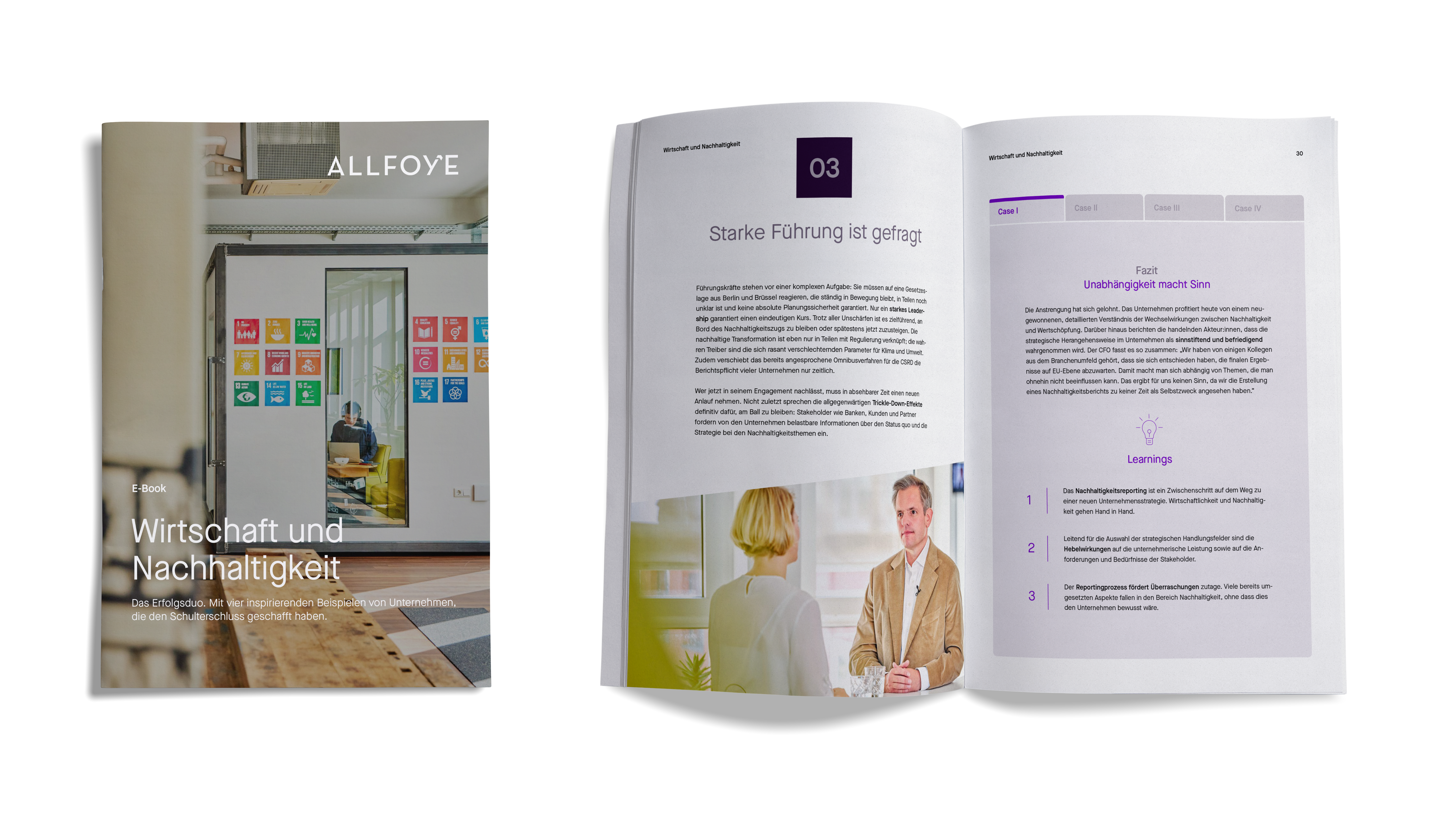 Mockup eines eBooks mit Titelcover im modernen Büro, Wand mit bunten UN-Nachhaltigkeitszielen (SDGs) und Mitarbeiter am Laptop – Design für Publikation zu Wirtschaft und Nachhaltigkeit.