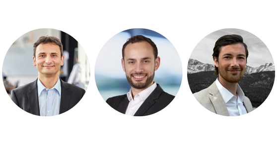 Drei Portraitfotos von Speakern des Sustainability Days 2025. Ganz links ist ein Portraitfoto von Marcus Baur zu sehen, in der Mitte ist ein Portraitfoto von David Looser und ganz rechts ein Portraitfoto von Maximilian Blau